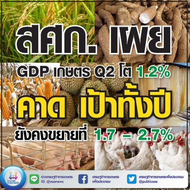 สศก. เผย GDP เกษตร Q2 โต 1.2%  คาด เป้าทั้งปี ยังคงขยายที่ 1.7 – 2.7%