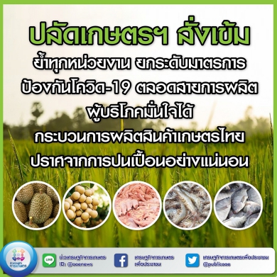 ปลัดเกษตรฯ สั่งเข้ม ย้ำทุกหน่วยงาน ยกระดับมาตรการ ป้องกันโควิด-19 ตลอดสายการผลิต ผู้บริโภคมั่นใจได้ กระบวนการผลิตสินค้าเกษตรไทย ปราศจากการปนเปื้อนอย่างแน่นอน 