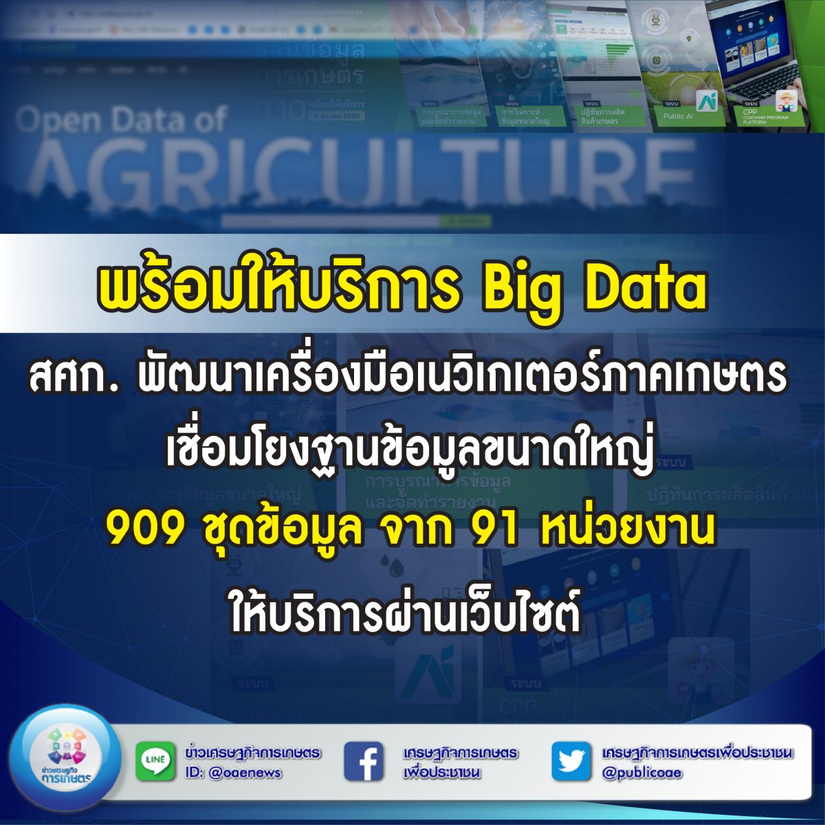 พร้อมให้บริการ Big Data สศก. พัฒนาเครื่องมือเนวิเกเตอร์ภาคเกษตร  เชื่อมโยงฐานข้อมูลขนาดใหญ่ 909 ชุดข้อมูล จาก 91 หน่วยงาน ให้บริการผ่านเว็บไซต์ 