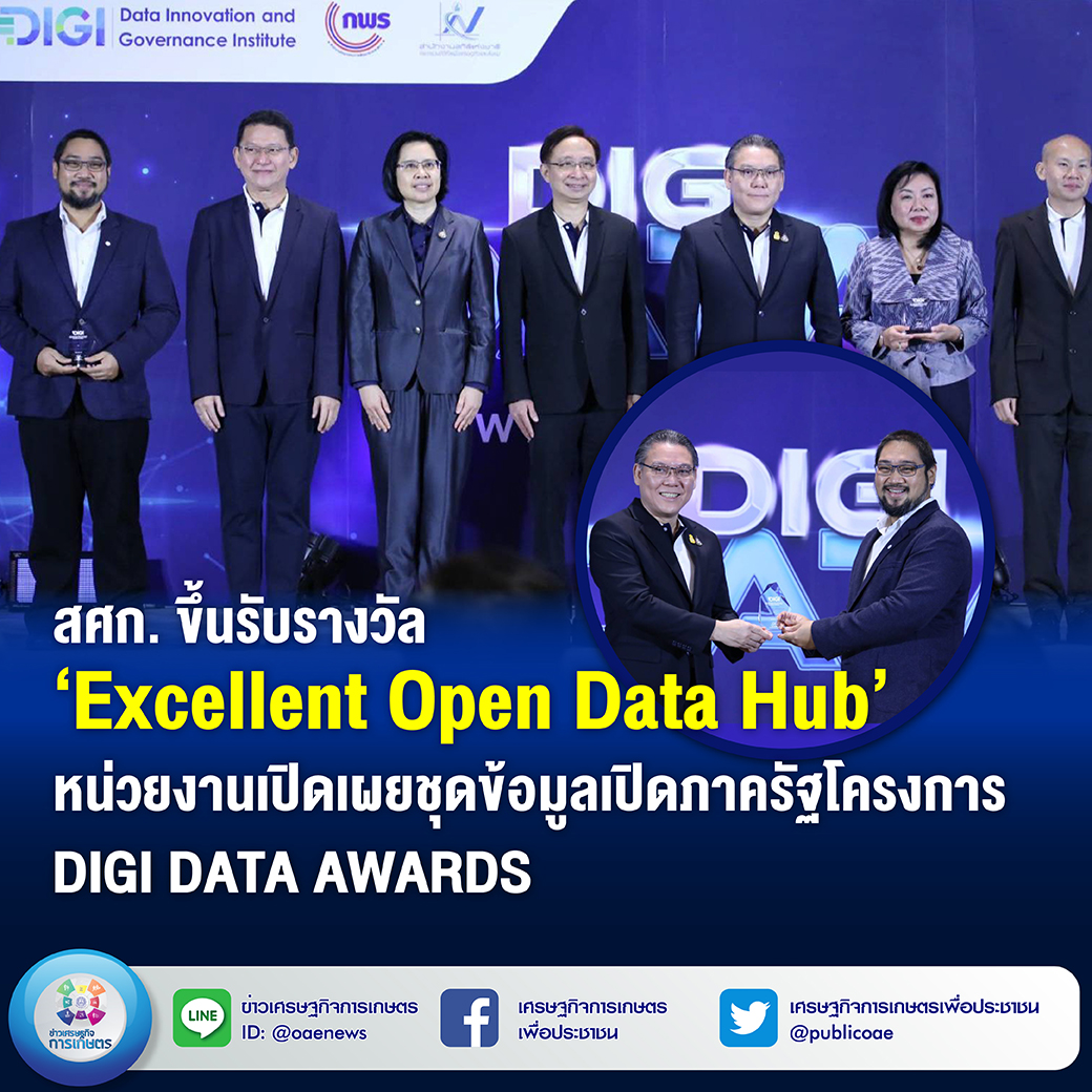  สศก. ขึ้นรับรางวัล ‘Excellent Open Data Hub’ หน่วยงานเปิดเผยชุดข้อมูลเปิดภาครัฐ โครงการ DIGI DATA AWARDS